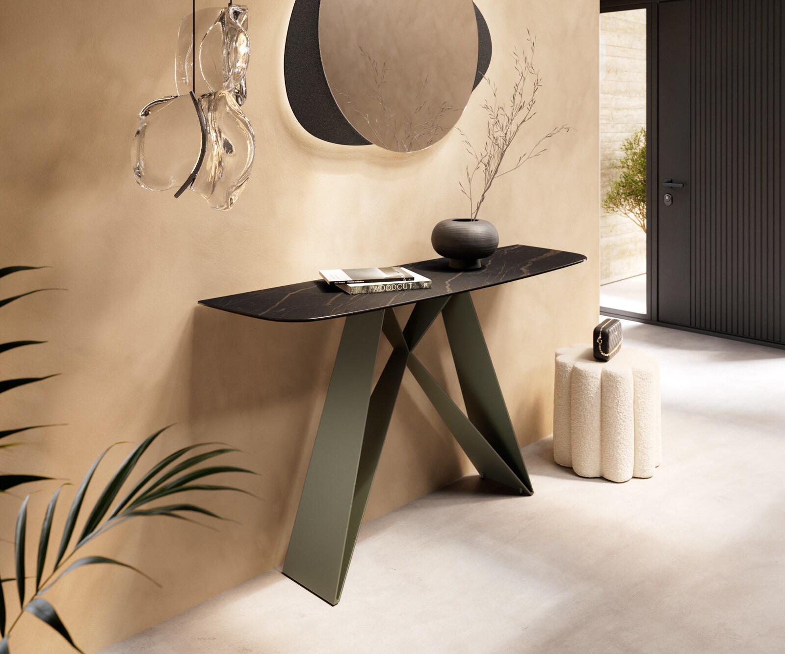 Console Edge forme bateau 140x40 cm Céramique Laminam® Noir Desir Braun Velio Métal Effektfinish Titan 4