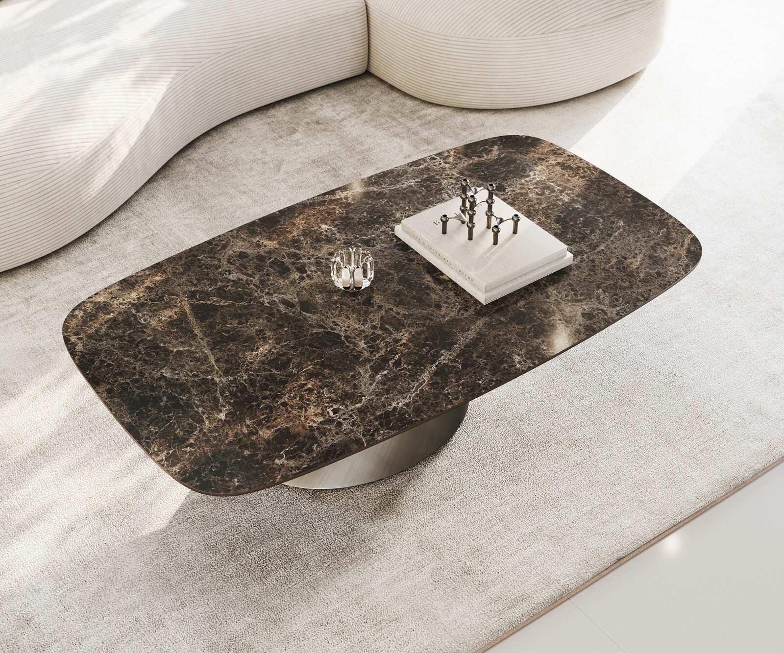 Table basse Edge Boot 140x80 cm céramique Laminam® Emperador Extra Lucidato brun foncé Conis argent métallique 4