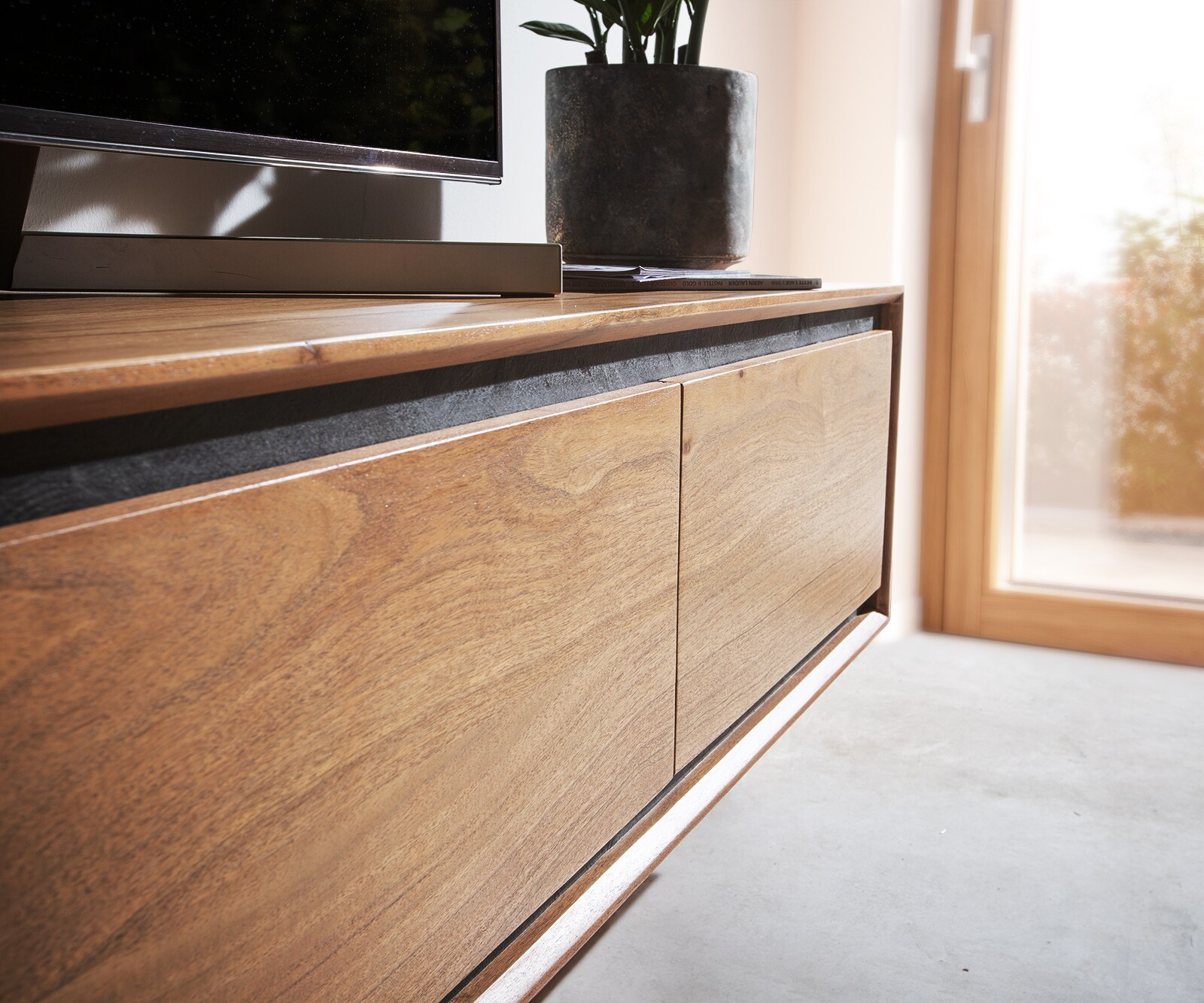 Meuble-TV Stonegrace 200 cm acacia nature 4 portes placage pierre flottant 3