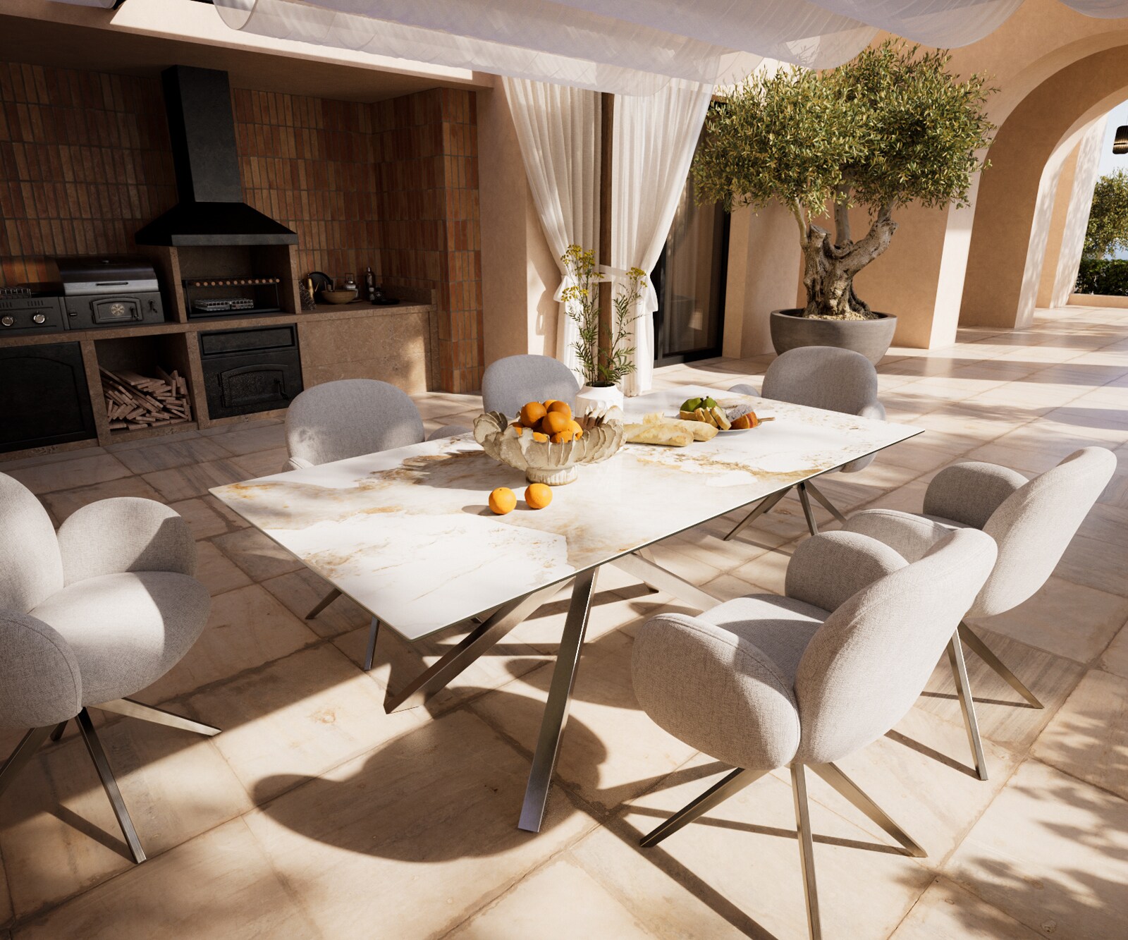 Table d’extérieur Edge 200x100 cm céramique Minas Melange blanc-beige piètement croisé rectangulaire en acier inoxydable 1