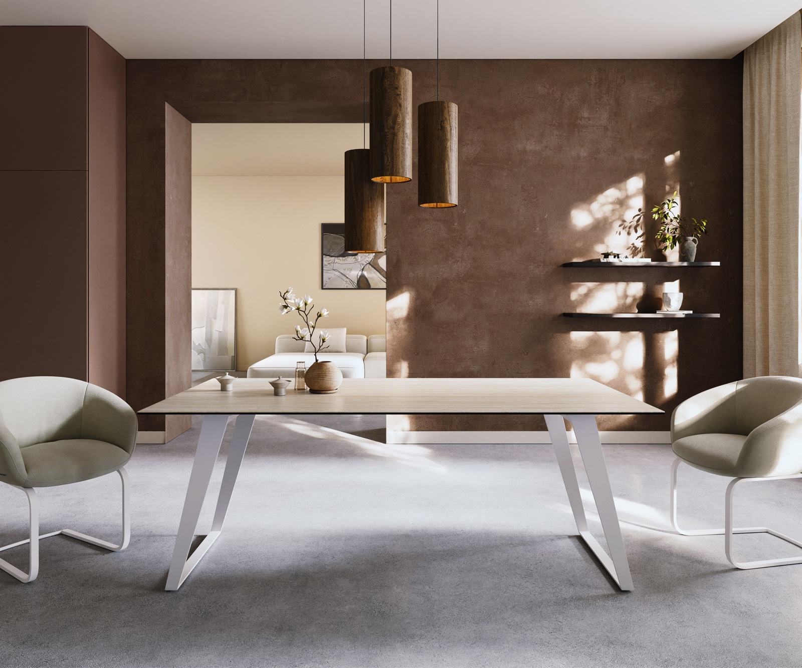Table à manger Edge 200x100 céramique Laminam® Travertino Bianco crème-blanc métal incliné blanc