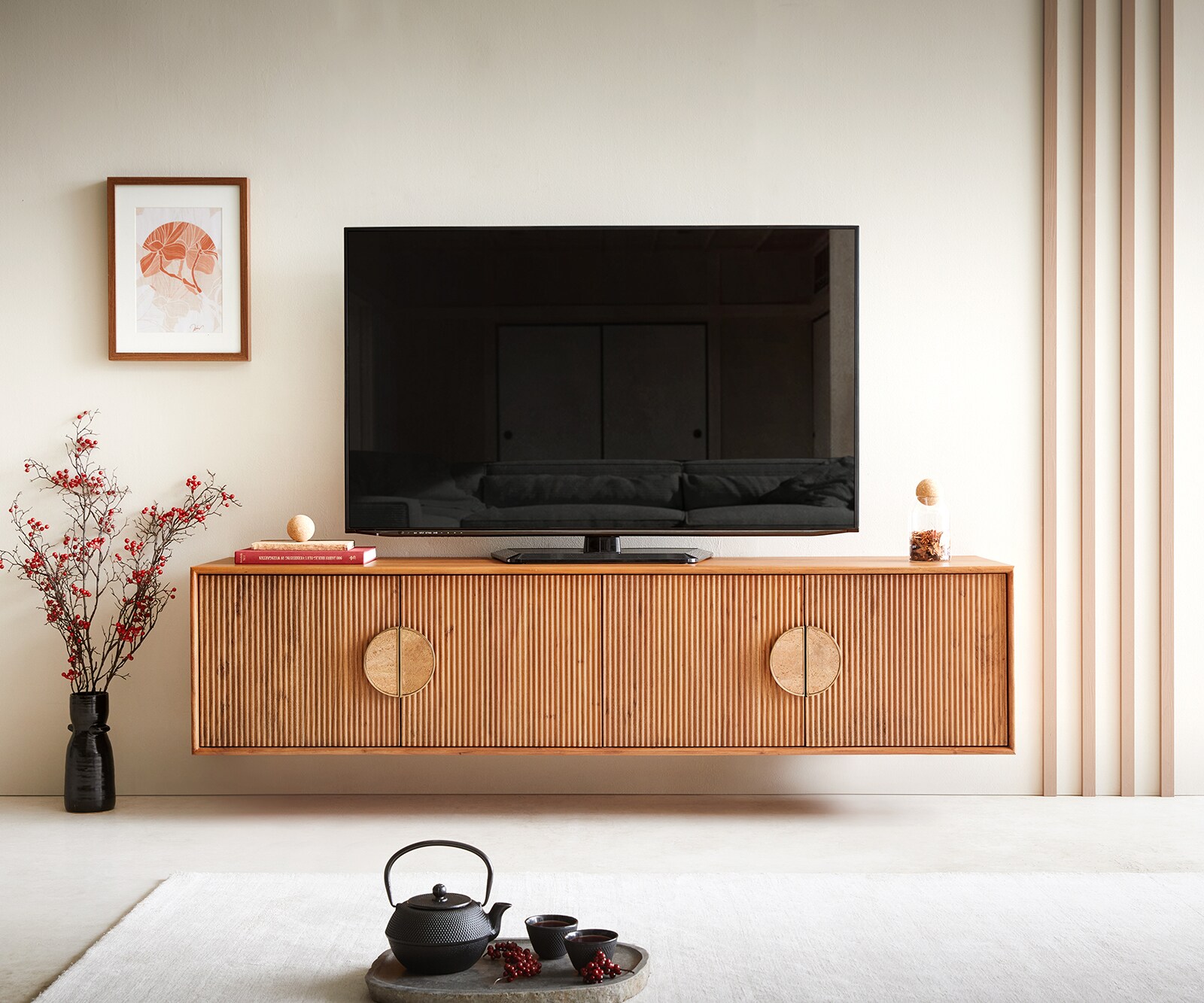Meuble-TV Surimu 175 cm acacia marron clair 4 portes poignée liège flottante 1