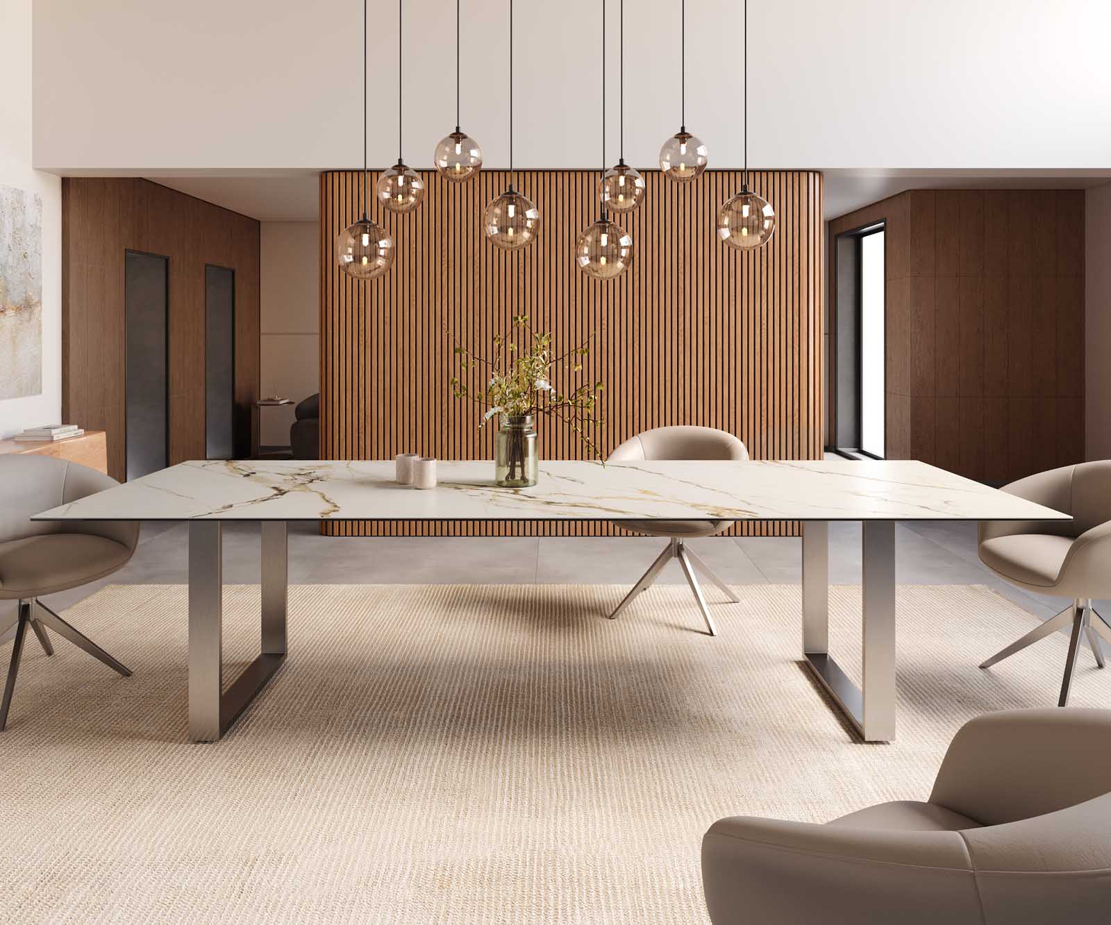 Table à manger Edge 300x100 céramique Calacatta Luxe blanc-doré-gris acier inoxydable mince 2