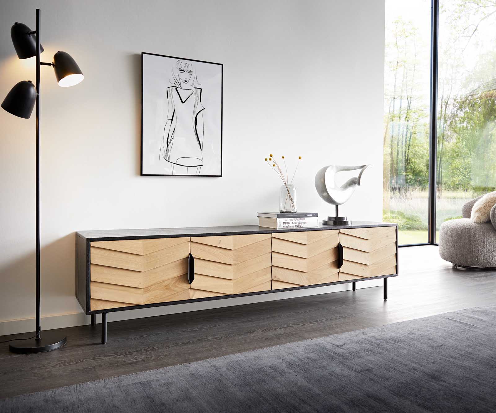 Meuble-TV Muvi 200 cm chêne naturel manguier noir métal noir 4 portes 1