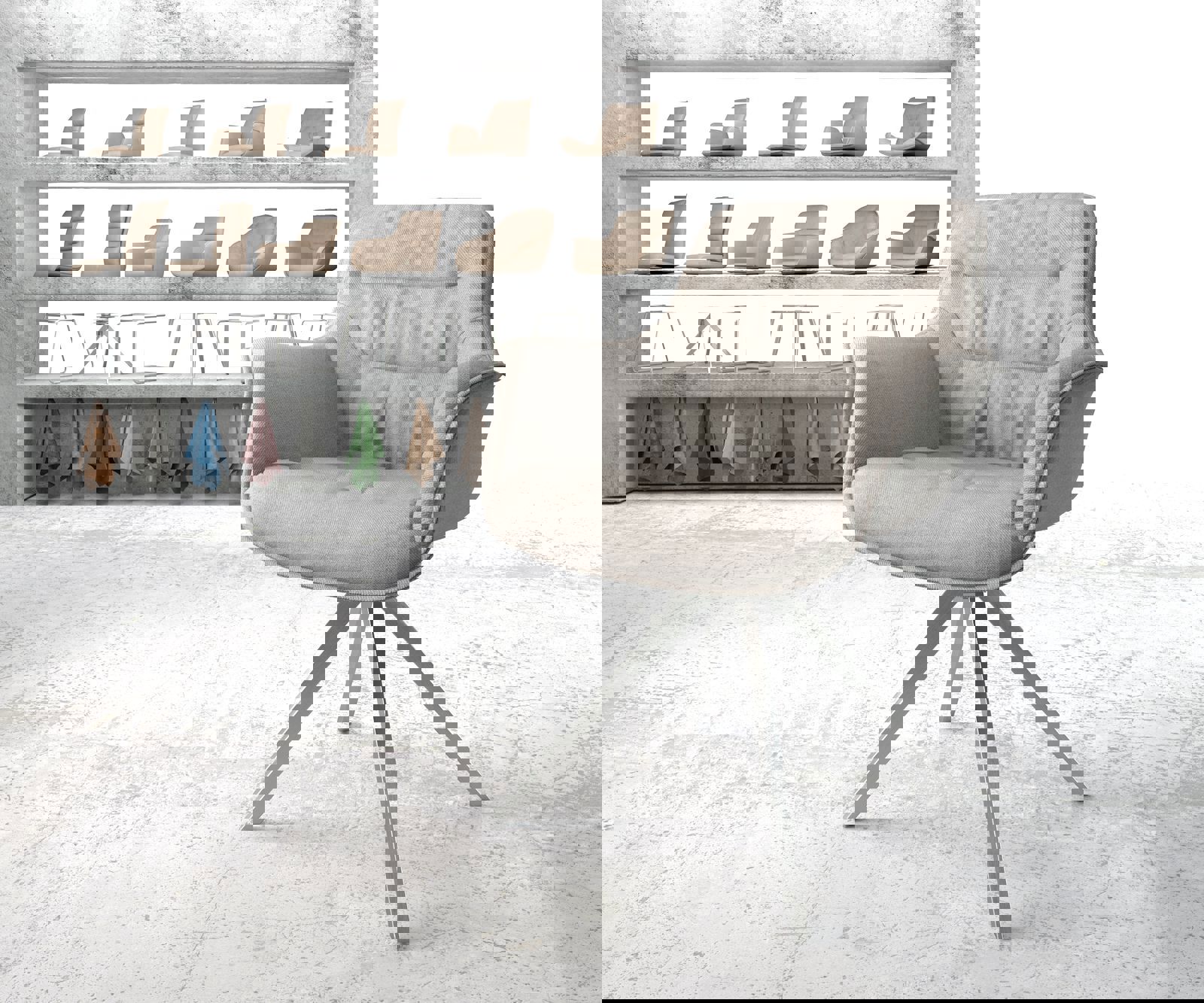 Chaise-pivotante Kaira-Flex rayures gris clair pied croisé angulaire acier inoxydable brossé pivotement sur 180°