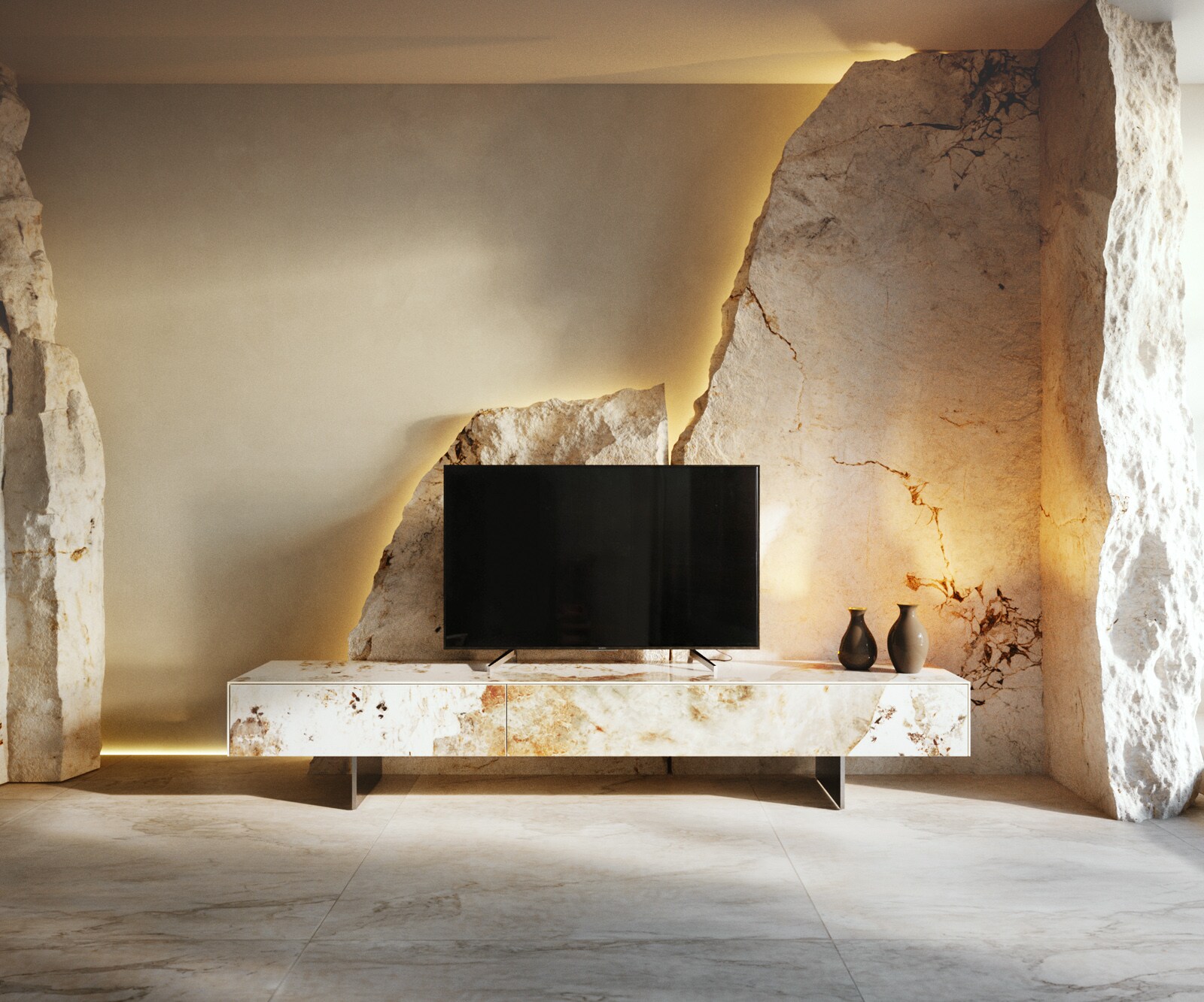 Meuble-TV Cuor 200 cm Céramique Minas Melange Blanc-beige 1 Clapet 1 Tiroir Pied optique flottant Ancier inoxydable