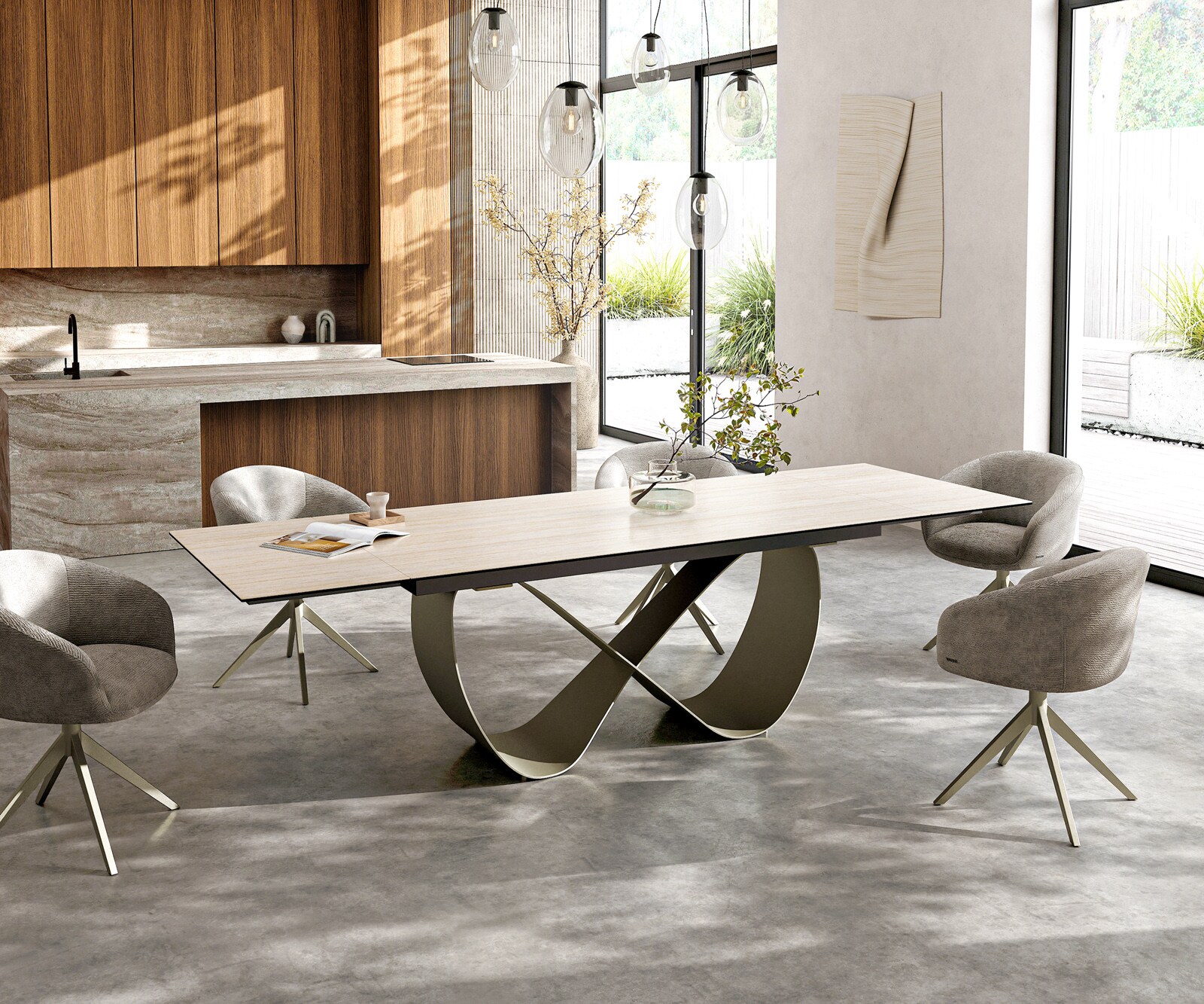 Table à manger Edge 200-300x100 céramique Laminam® Travertino Bianco crème-blanc Infinity métal effet finition titanee extensible 6