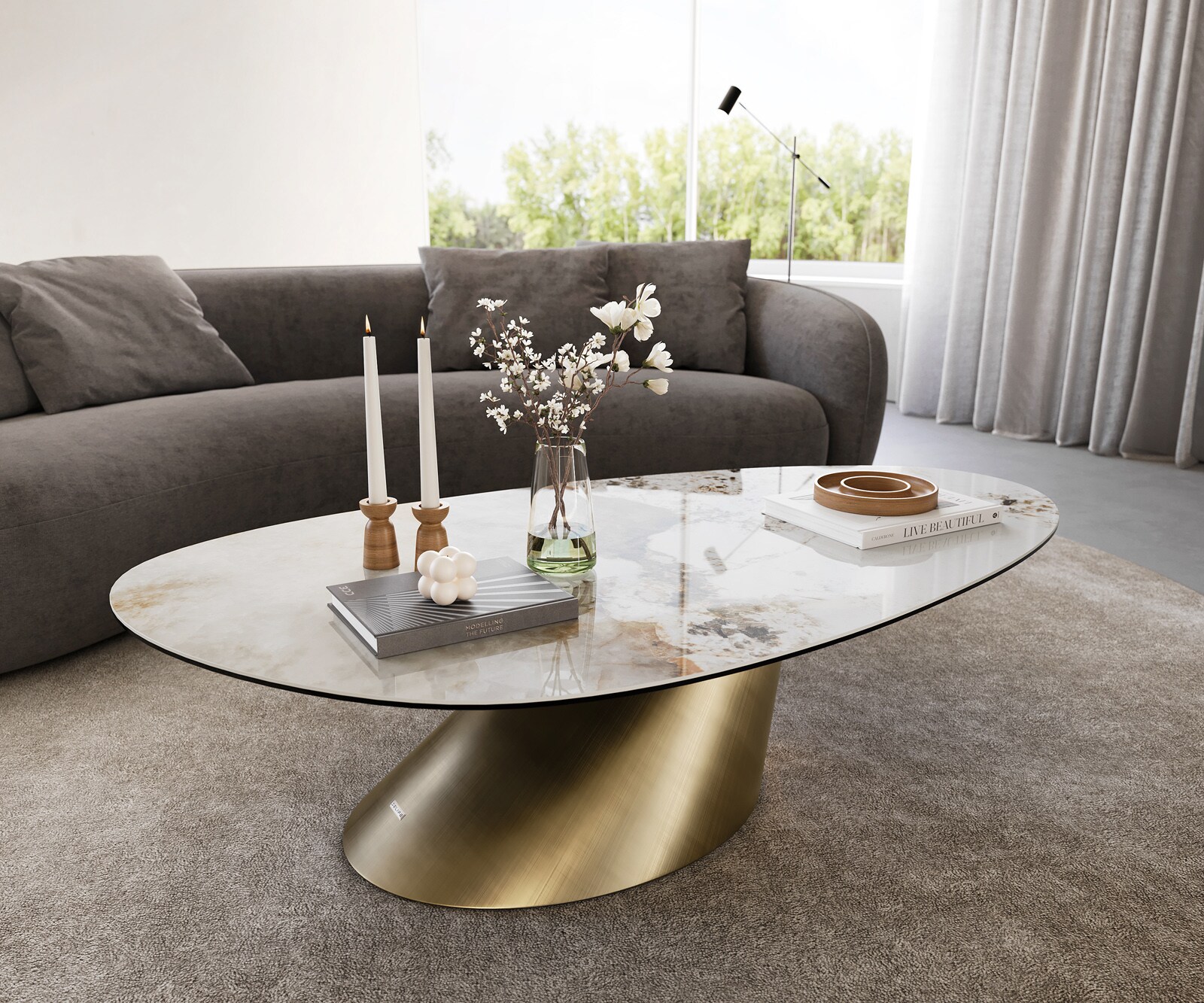 Table basse Edge Oval 140x75 cm céramique Minas Melange Conis doré métallique