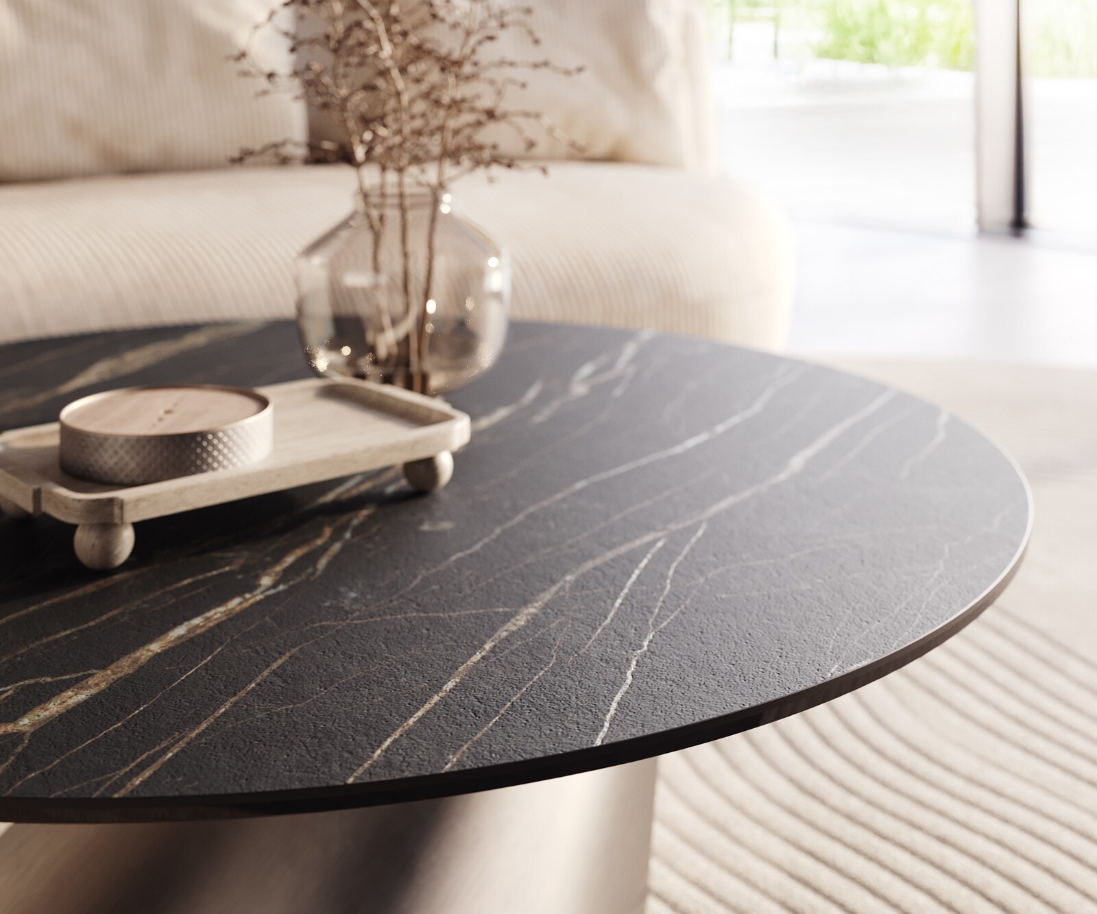 Table basse Edge rond 100x100 cm céramique Laminam® Noir Desir brun Conis acier inoxydable brossé 4