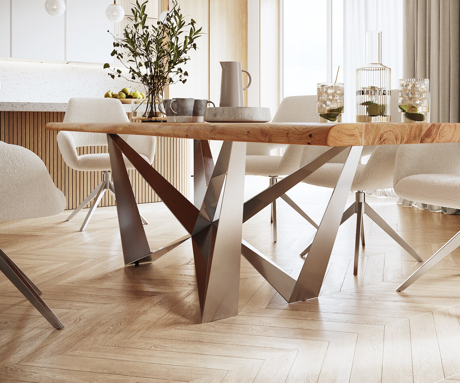 Table à manger Edge 300x100 XL acacia nature Spider acier plat acier inoxydable Live-Edge 5