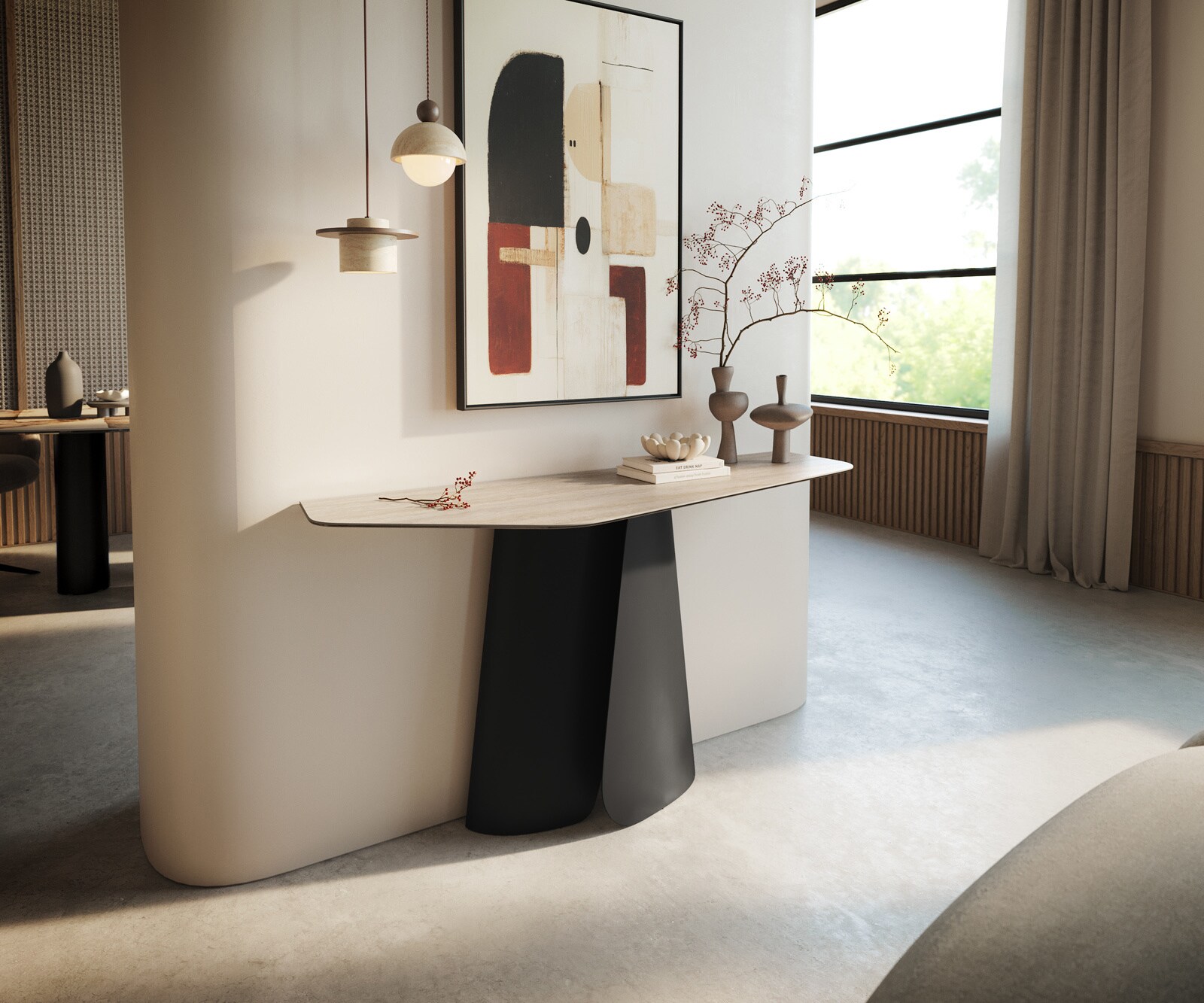 Console Edge Polygonal 140x50 cm Céramique Laminam® Travertino Bianco Creme-Weiß Livos Métal Noir