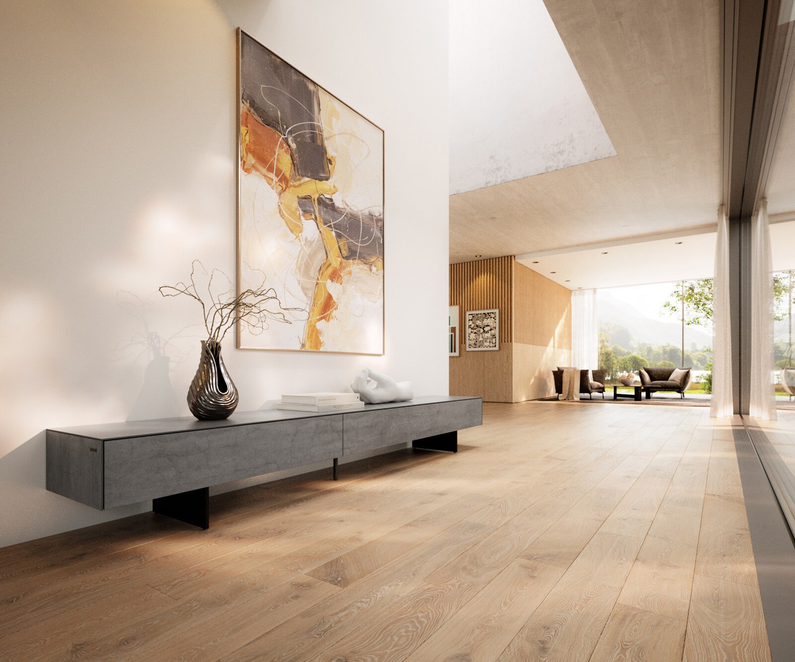 Meuble-TV Cuor 250 cm Céramique Béton gris 1 Clapet 1 Tiroir Pied optique flottant Métal Noir 1