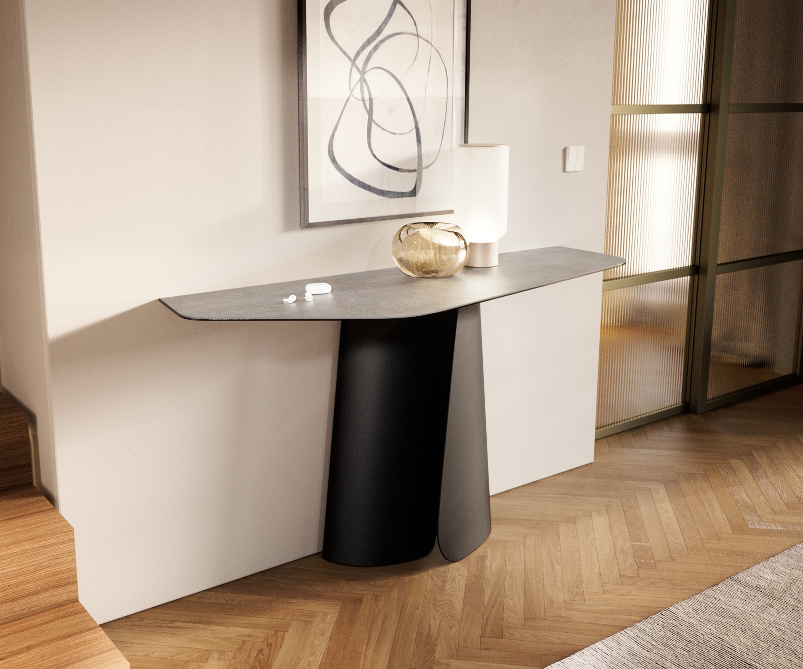 Console Edge Polygonal 140x50 cm Céramique Gris béton Livos Métal Noir