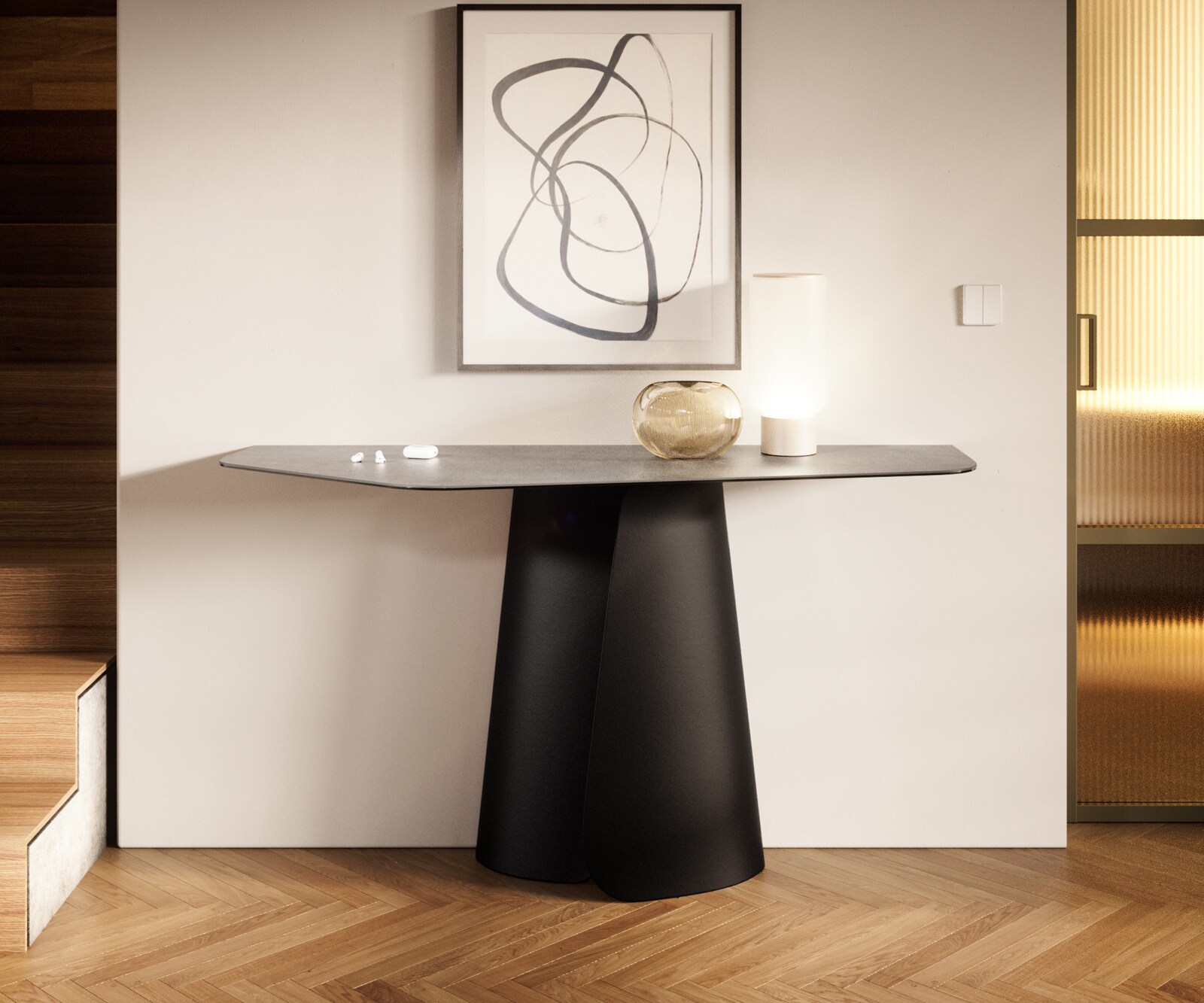 Console Edge Polygonal 140x50 cm Céramique Gris béton Livos Métal Noir 3