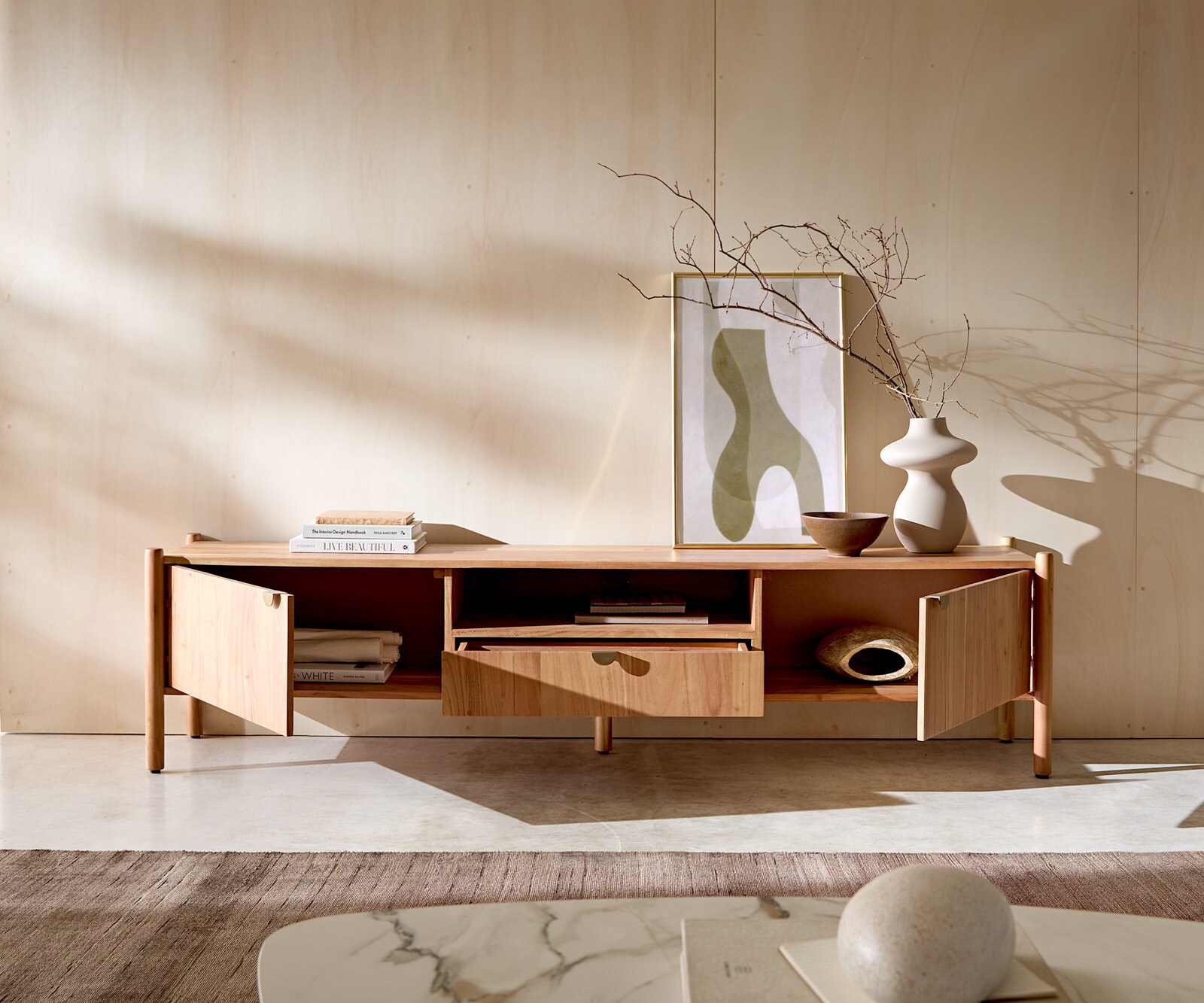 Meuble-TV Caius 175 cm acacia Aura 2 portes 1 tiroir 1 compartiment 3