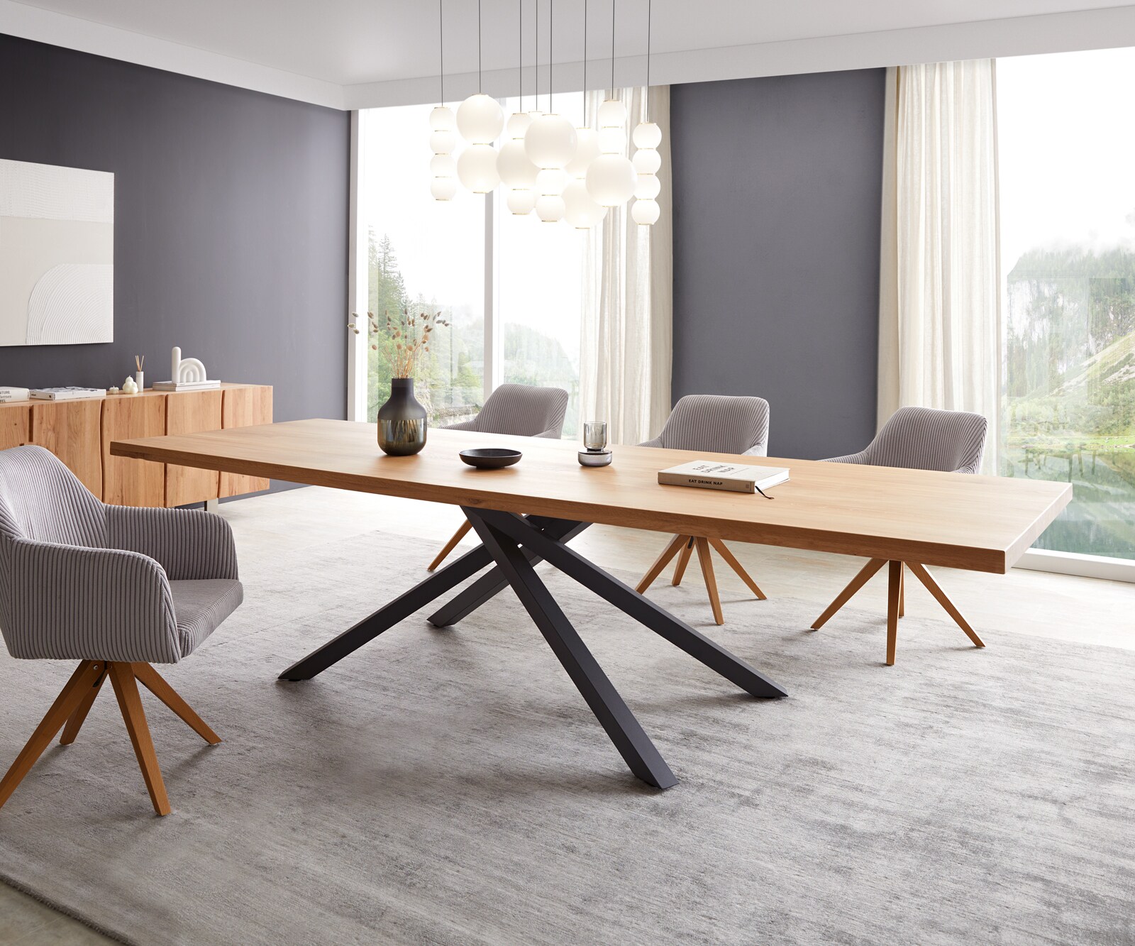 Table de salle à manger Edge 300x100 Chêne Naturel Cadre croisé Rectangle Noir 1