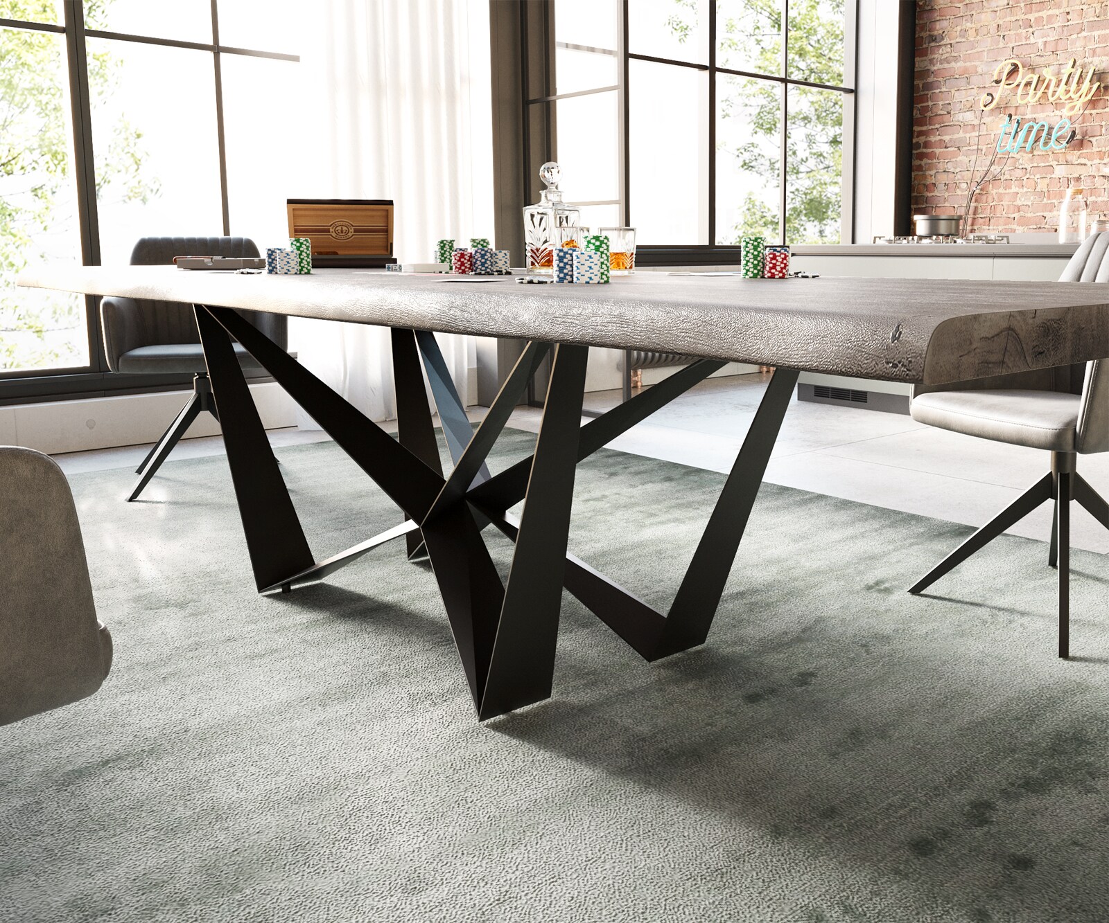 Table à manger Edge 300x100 XL acacia platine Spider acier plat noir Live-Edge 5