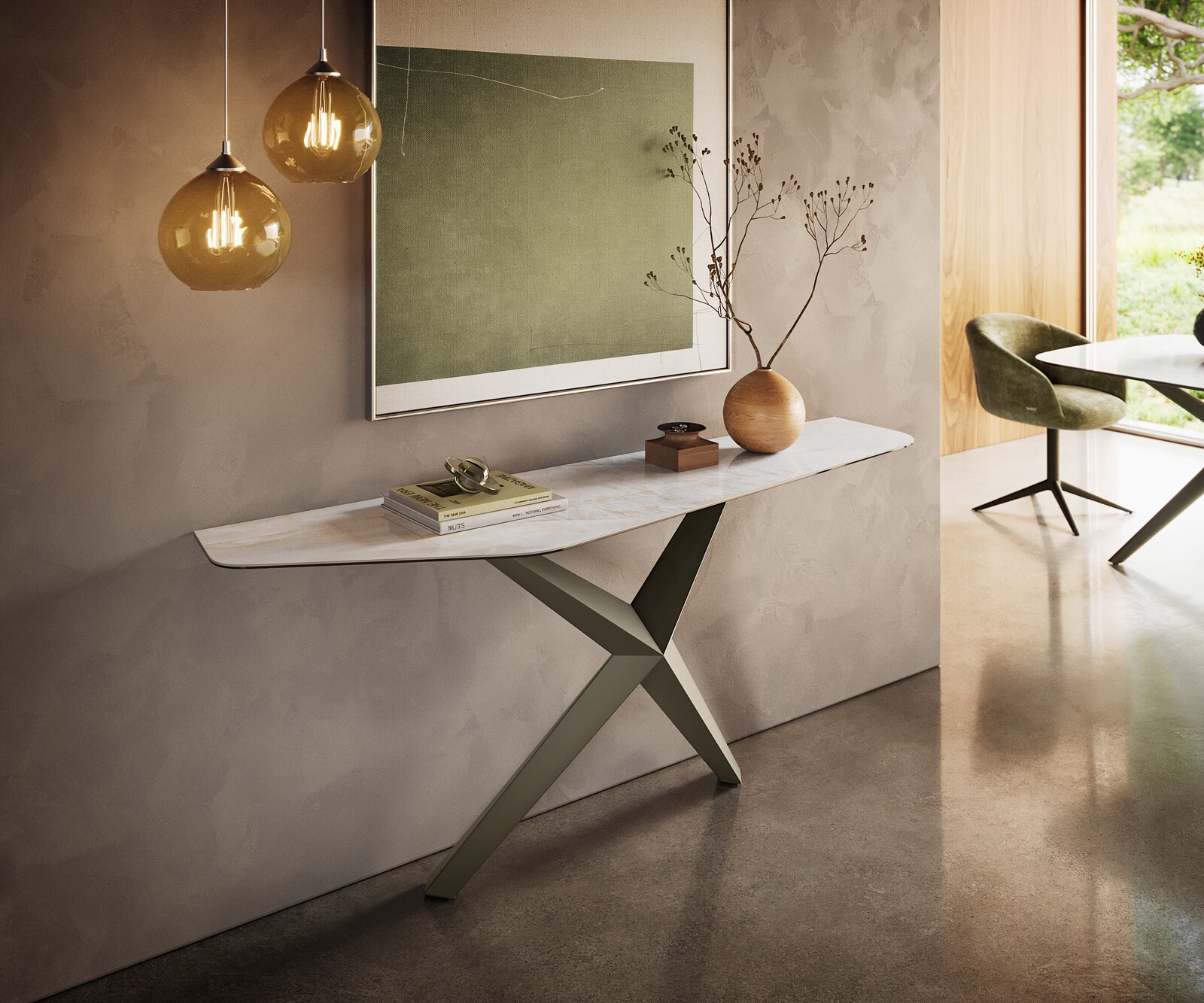 Console Edge Polygonal 180x50 cm Céramique Onyx Pearl Zentharo Métal Effektfinish Titan 1
