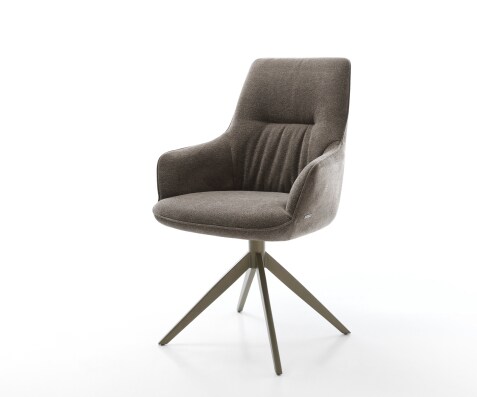 Chaise-pivotante Zelia-Flex avec accoudoirs tissu structuré doux taupe pied croisé large aspect titane pivotement sur 360° fonction bascule ressorts ensachés