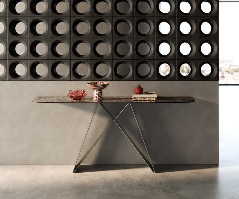 Console Edge forme bateau 180x40 cm Céramique Emperador Extra Lucidato Dunkelbraun Velio Métal Effektfinish Titan