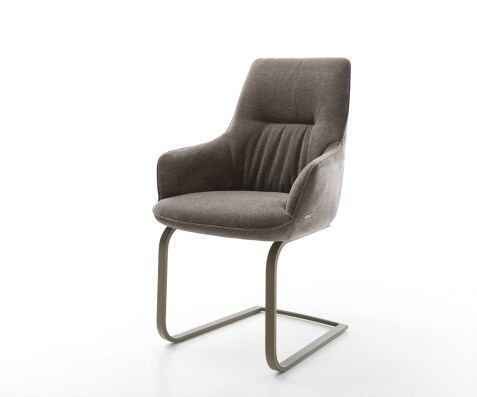 Cantilever Zelia-Flex avec accoudoirs tissu structuré doux taupe pied cantilever plat aspect titane ressorts ensachés