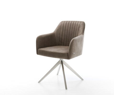 Chaise-pivotante Greg-Flex microvelours taupe vintage pied croisé large acier inoxydable brossé pivotement sur 360° fonction bascule ressorts ensachés