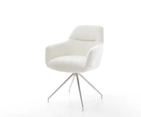 Chaise-de-salle-à-manger Pejo-Flex bouclé doux beige pied croisé conique acier inoxydable resorts ensachés