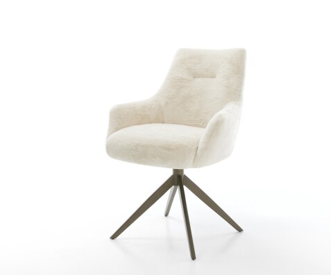 Chaise-pivotante Alja-Flex avec accoudoirs peluche crème-blanc pied croisé large aspect titane pivotement sur 360° fonction bascule resorts ensachés