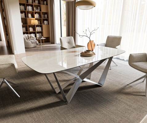 Table à manger Edge bateau 200x100 cm céramique Onyx Champagne Spider acier plat inox graphite