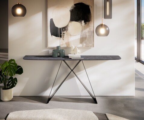 Console Edge forme bateau 180x40 cm Céramique Laminam® Nero Greco Anthrazit Velio Métal Noir