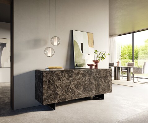 Buffet Cuor 180 cm Céramique Emperador Extra Lucidato brun foncé 2 Portes 3 Tiroirs Pied optique flottant Métal Noir