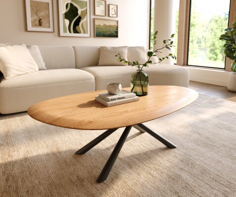 Table basse Edge Oval 140x75 cm chêne naturel bord arrondi Sarity métal noir