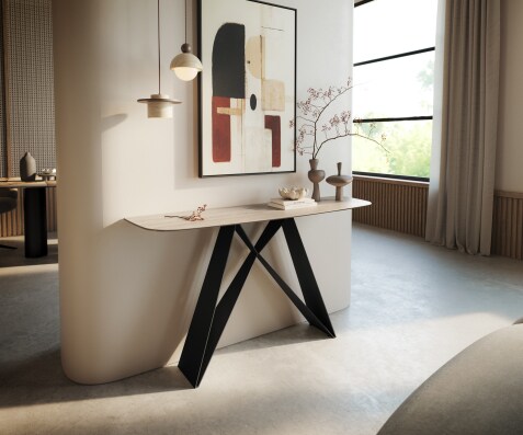 Console Edge forme bateau 140x40 cm Céramique Laminam® Travertino Bianco Creme-Weiß Velio Métal Noir