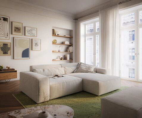 Canapé d'angle Sirpio XL 270x170 cm Tissu texturé doux Beige Méridienne modulable avec pouf