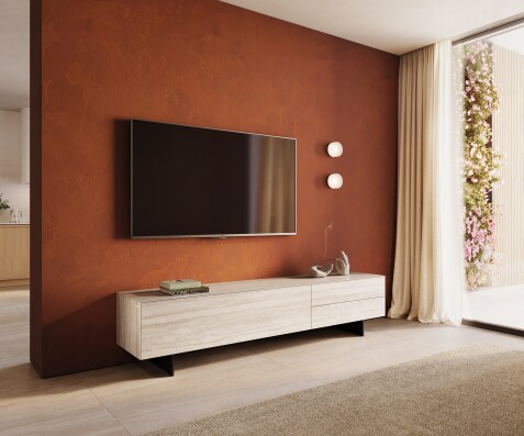 Meuble-TV Cuor 220 cm Céramique Laminam® Travertino Bianco Crème-blanc 1 Clapet 2 Tiroirs Pied optique flottant Métal Noir