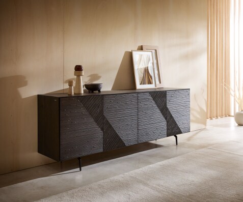Buffet Tereos 200 cm Frêne brun foncé Effet 3D 4 portes Pieds angulaires Métal Noir