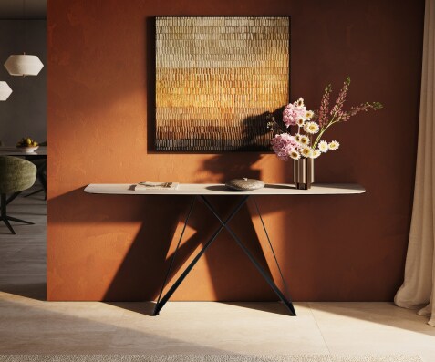 Console Edge forme bateau 180x40 cm Céramique Laminam® Travertino Bianco Creme-Weiß Velio Métal Noir