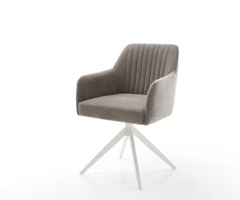 Chaise-pivotante Greg-Flex tissu structuré doux taupe pied croisé large blanc pivotement sur 360° fonction bascule ressorts ensachés